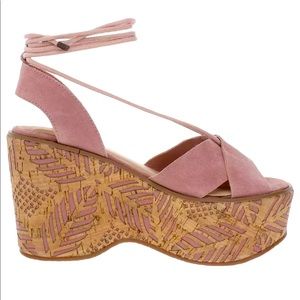 SBICCA *Islandia* 70s style suede wood blush pink tan wrap wedge boho sandals 8